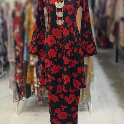 MELOR KURUNG RIAU CREPE BLACK RED
