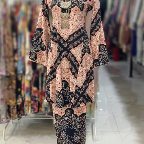 MELOR KURUNG RIAU MIX COTTON LINEN BLACK PEACH