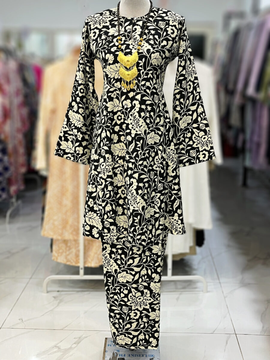 MELOR KURUNG RIAU MIX COTTON LINEN BLACK FLORAL