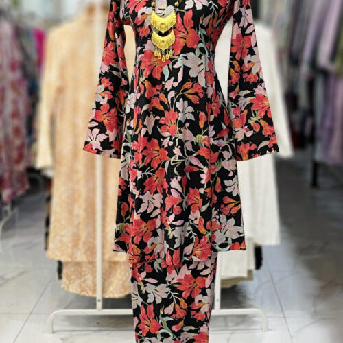 MELOR KURUNG RIAU MIX COTTON LINEN BLACK RED