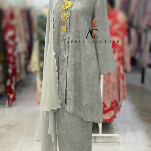 KEBAYA KIAMBANG FULL CHIFFON EMBOSS SILVER GREY