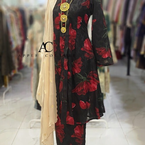 KEBAYA LABUH ZUBAIDAH EMBOSS CHIFFON BLACK RED