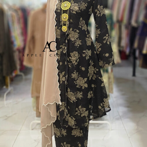 KEBAYA LABUH ZUBAIDAH EMBOSS CHIFFON BLACK GREENISH