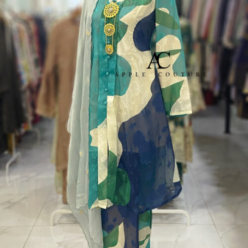 KEBAYA LABUH ZUBAIDAH EMBOSS CHIFFON ABSTRACT TEAL BLUE