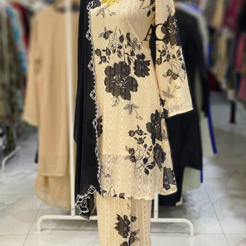 CAMELIA KURUNG MODEN EMBOSS CHIFFON CREAM BLACK
