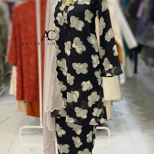 KURUNG MEKAR FULLY LINING EMBOSS CHIFFON BLACK BUTTERFLY