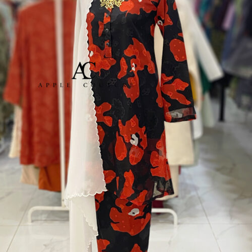 KURUNG MEKAR FULLY LINING EMBOSS CHIFFON BLACK RED