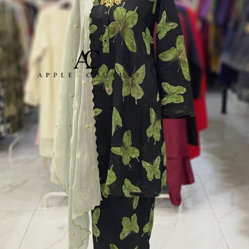 KURUNG MEKAR FULLY LINING EMBOSS CHIFFON BLACK GREEN BUTTERFLY
