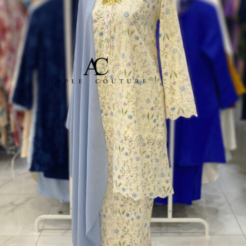 KURUNG MEKAR EMBROIDERY FULLY LINING CHIFFON CREAM BLUE