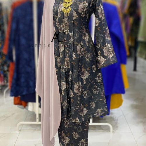 KEBAYA LABUH INANG PRINTED ORGANZA DARK GREY