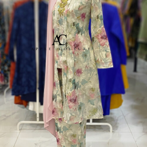 KEBAYA LABUH INANG PRINTED ORGANZA PINK NUDE