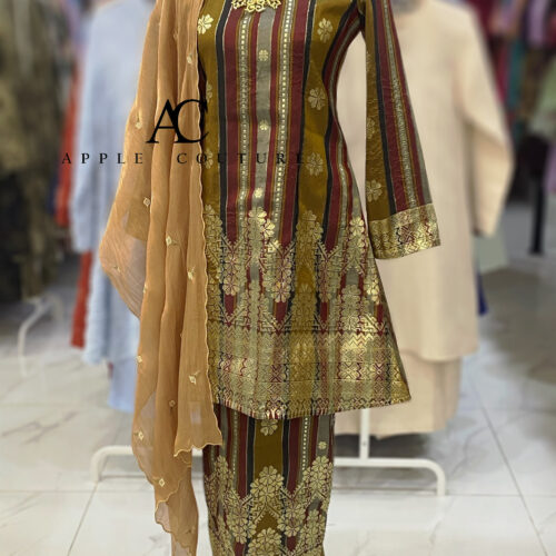 CAMELIA KURUNG MODEN FULLY LINING SONGKET TENUN YELLOW OLIVE