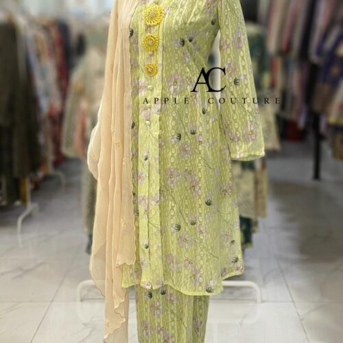 KEBAYA LABUH ZUBAIDAH EMBOSS CHIFFON LIME GREEN
