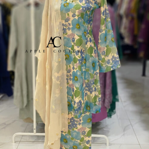 MELOR KURUNG RIAU LINING PRINTED ORGANZA CHAMPAGNE BLUE