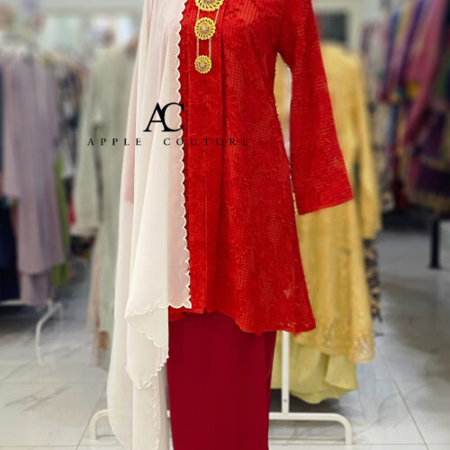 KEBAYA KIAMBANG HALF CHIFFON EMBOSS RED CHILI