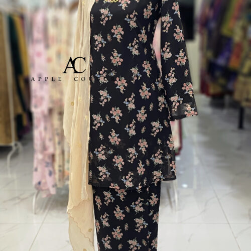 CAMELIA KURUNG PRINTED CHIFFON BLACK PEACH