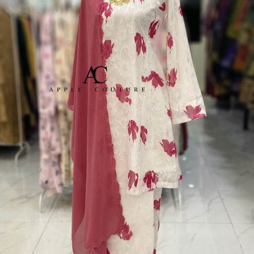MELOR KURUNG RIAU EMBOSS CHIFFON WHITE PINK