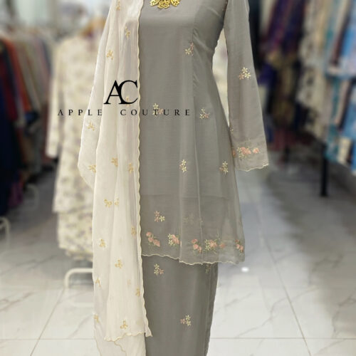 CAMELIA KURUNG MODEN SULAM ORGANZA LIGHT GREY