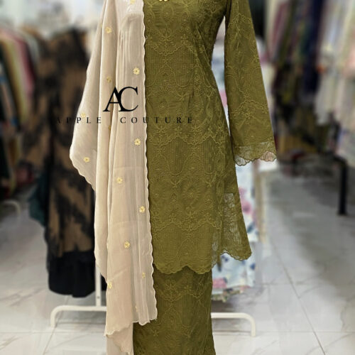 CAMELIA KURUNG MODEN SULAM ORGANZA OLIVE GREEN