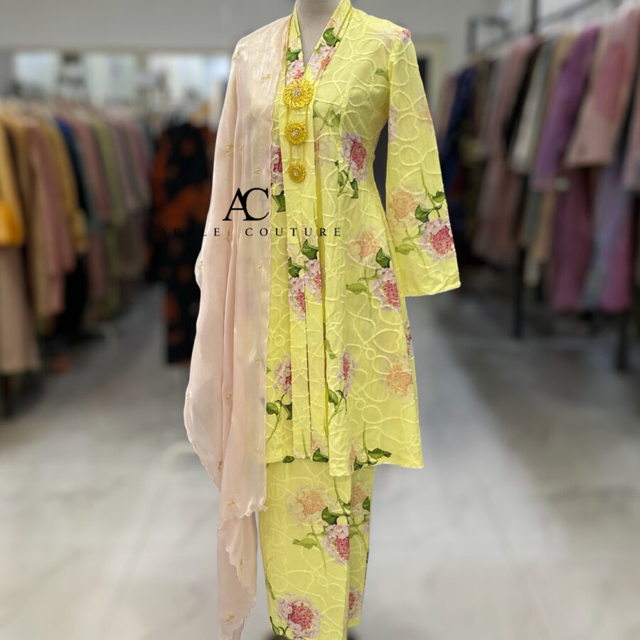 KEBAYA LABUH DANG ANUM MIX COTTON EMBROIDERY YELLOW