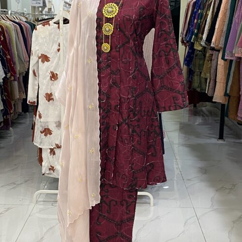 DEFECT ITEM!! KEBAYA KURUNG MIX COTTON EMBROIDERY BURGUNDY