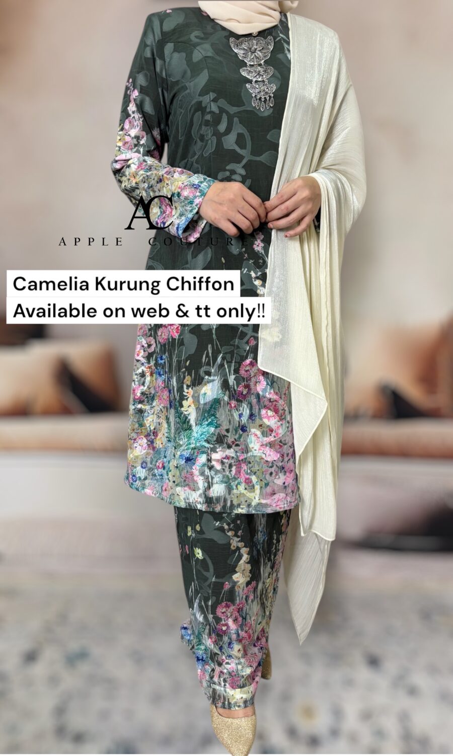 CAMELIA KURUNG MODEN CHIFFON CREPE OPEL ARMY GREEN