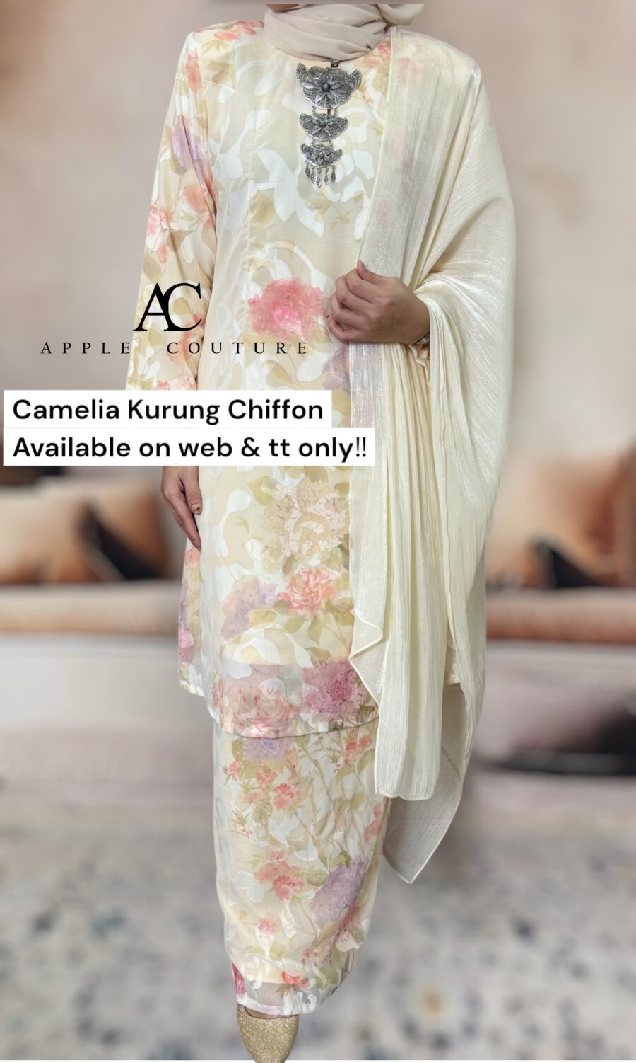 CAMELIA KURUNG MODEN CHIFFON CREPE OPEL PASTEL CREAM