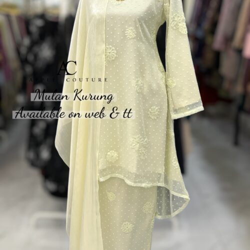 MULAN KURUNG EMBOSS CHIFFON FLORAL LIGHT GREEN CREAM