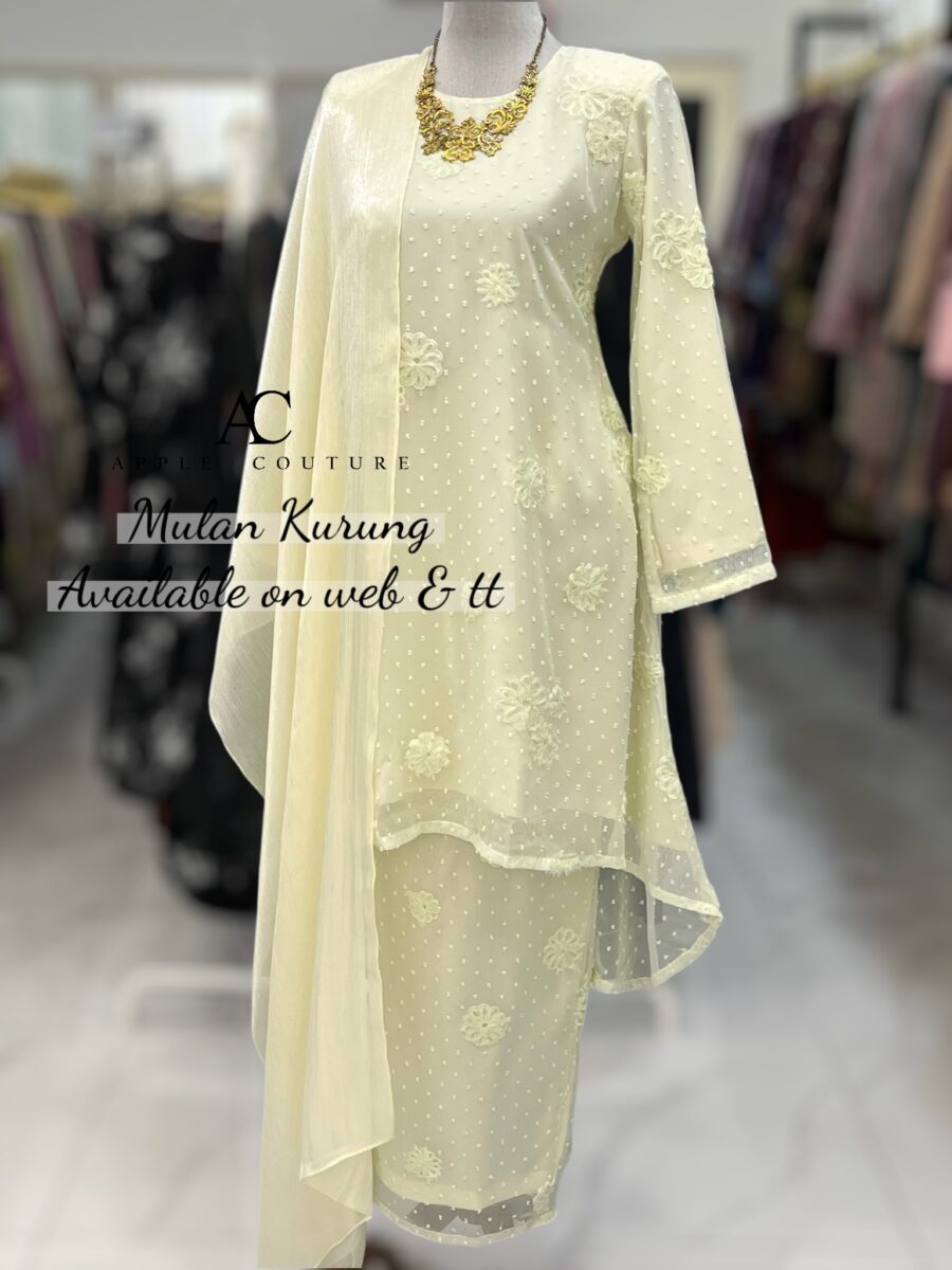 MULAN KURUNG EMBOSS CHIFFON FLORAL LIGHT GREEN CREAM