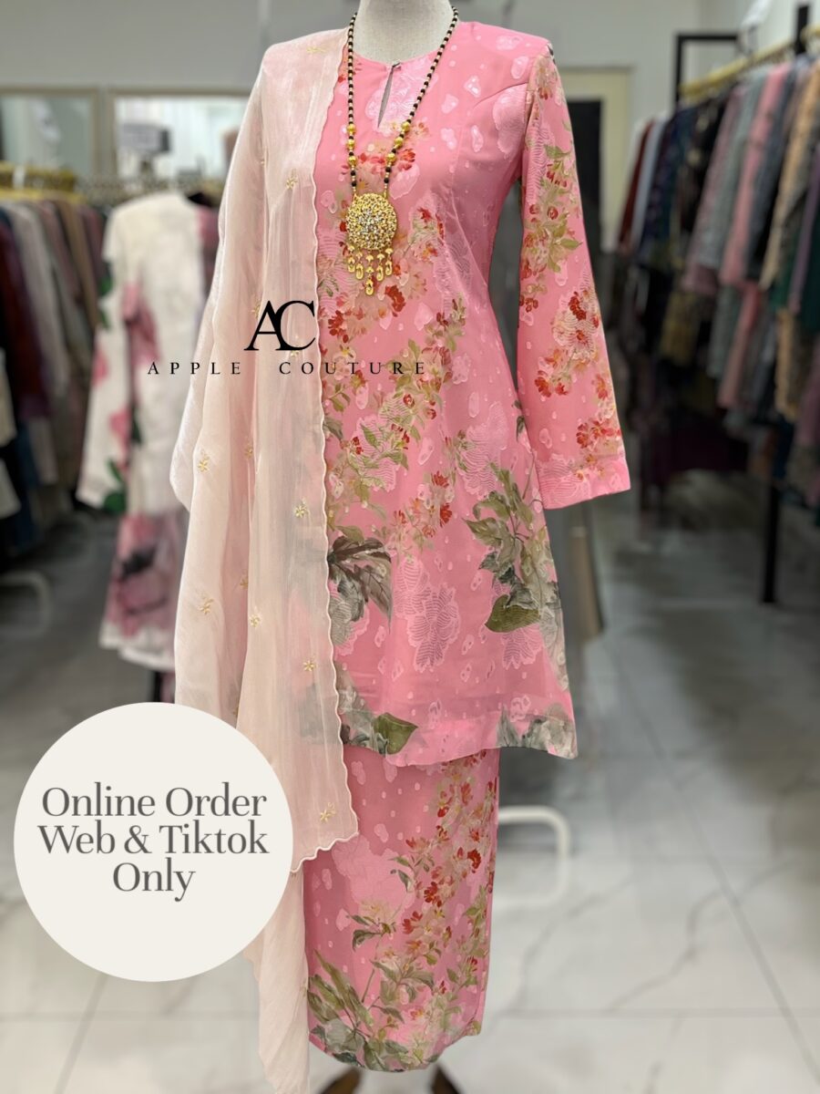 CAMELIA KURUNG MODEN EMBOSS CHIFFON ROSE PINK LEAVES