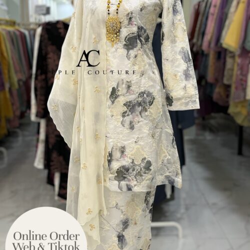 CAMELIA KURUNG MODEN SULAM ORGANZA WHITE GREY