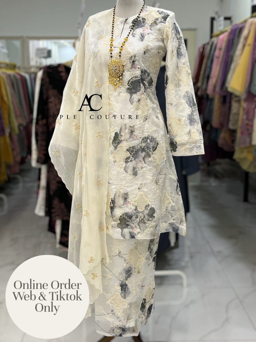 CAMELIA KURUNG MODEN SULAM ORGANZA WHITE GREY