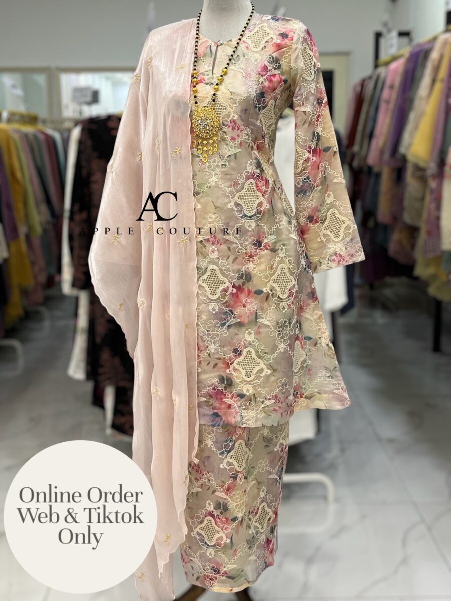 CAMELIA KURUNG MODEN SULAM ORGANZA BEIGE PINK