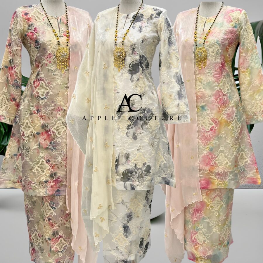 CAMELIA KURUNG MODEN SULAM ORGANZA WHITE GREY - Image 3