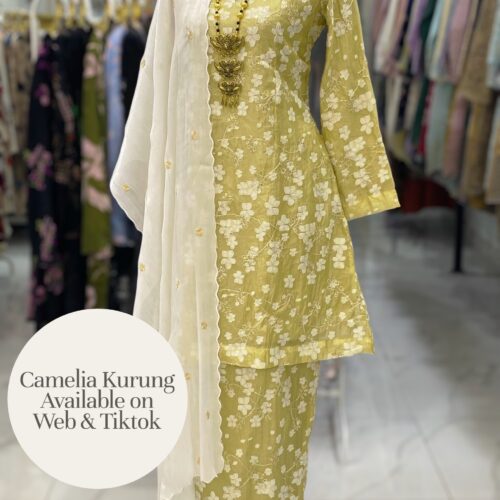 CAMELIA KURUNG PREMIUM SOFT JAQUARD WITH SEQUINS LIME YELLOW