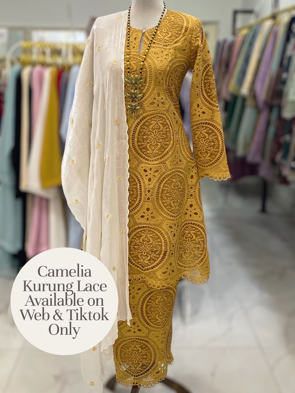 CAMELIA KURUNG PREMIUM LACE EMBROIDERY YELLOW MUSTARD